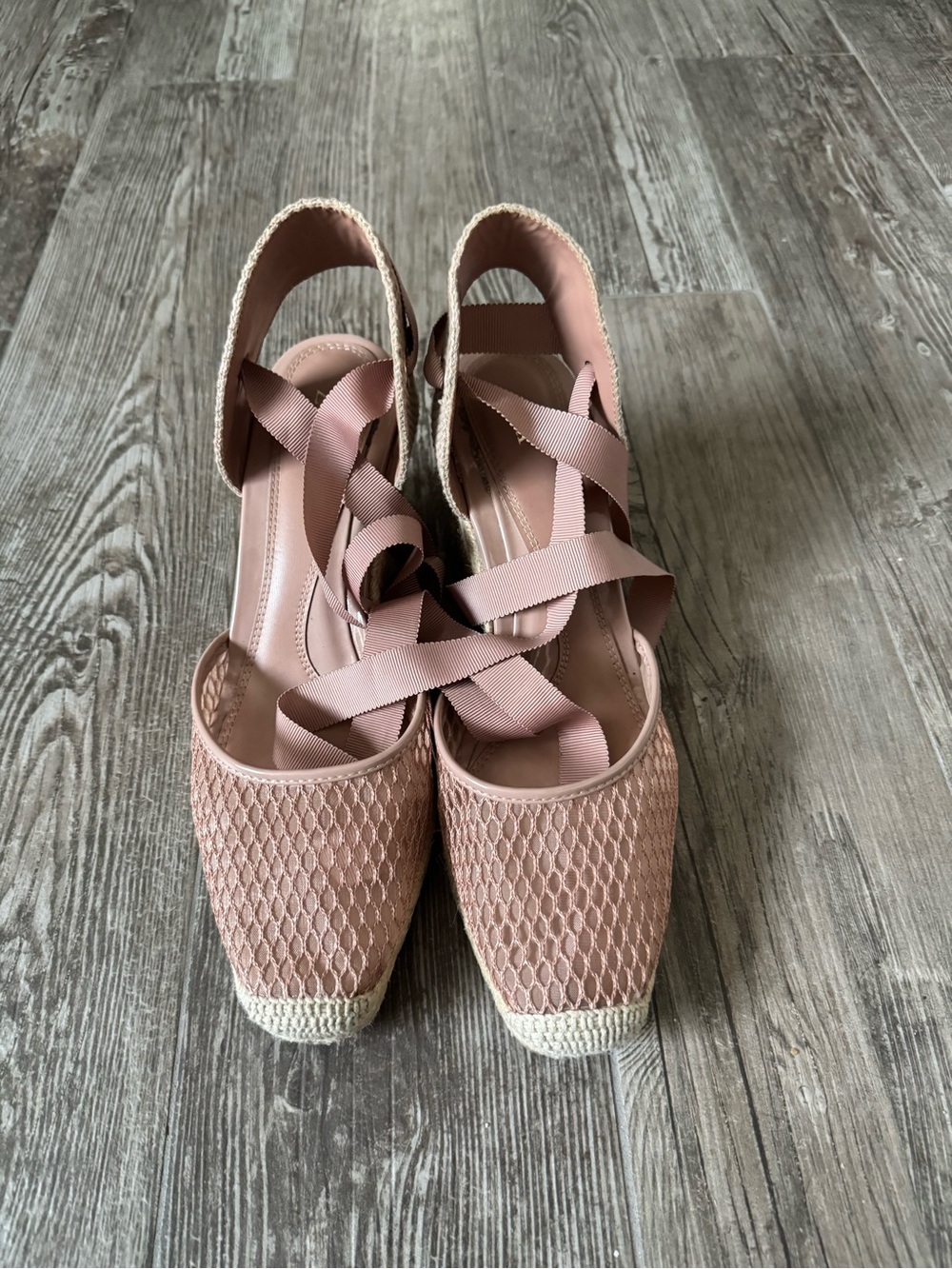 Zara Pink Mesh Ribbon Espadrille Wedge, US11, excellent condition